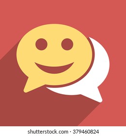 Happy Chat long shadow vector icon. Style is a flat light symbol with rounded angles on a red square background.