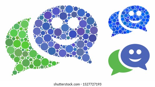 Happy chat mosaic of filled circles in different sizes and shades, based on happy chat icon. Vector filled circles are organized into blue mosaic. Dotted happy chat icon in usual and blue versions.