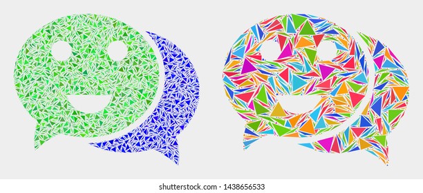 Happy chat mosaic icon of triangle items which have variable sizes and shapes and colors. Geometric abstract vector design concept of happy chat.