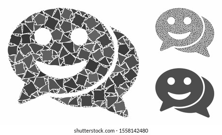 Happy chat mosaic of ragged items in various sizes and color tints, based on happy chat icon. Vector inequal parts are grouped into collage. Happy chat icons collage with dotted pattern.