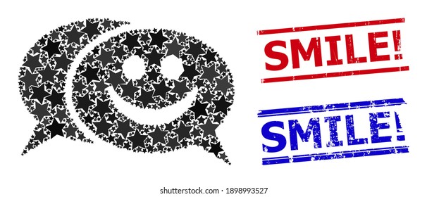 Happy chat star mosaic and grunge Smile Exclamation seals. Red and blue seals with distress surface and Smile Exclamation text. Abstract happy chat mosaic is combined with randomized flat star