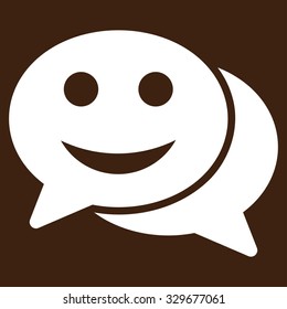 Happy Chat vector icon. Style is flat symbol, white color, rounded angles, brown background.