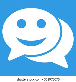 Happy Chat vector icon. Style is flat symbol, white color, rounded angles, blue background.