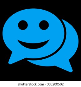 Happy Chat vector icon. Style is flat symbol, blue color, rounded angles, black background.