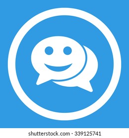 Happy Chat vector icon. Style is flat rounded symbol, white color, rounded angles, blue background.