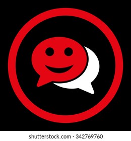 Happy Chat vector icon. Style is bicolor flat rounded symbol, red and white colors, rounded angles, black background.