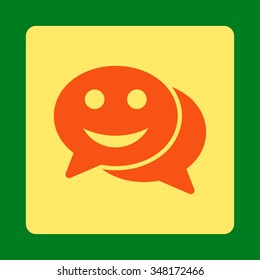 Happy Chat vector icon. Style is flat rounded square button, orange and yellow colors, green background.