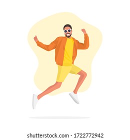 Happy and cheerful African man with glasses jumping up. Happiness concept. Successful guy. Celebration party. Fun activity. Good times. Feeling excited. Victory - flat vector illustration.