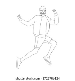 Happy and cheerful African man with glasses jumping up line art. Happiness concept. Successful guy. Celebration party. Fun activity. Good times. Feeling excited. Victory - Vector illustration.