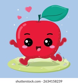 Happy And Cheerful Apple Fruit Cartoon Character Running In The Grassland