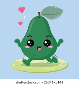 Happy And Cheerful Avocado Fruit Cartoon Character Running In The Grassland