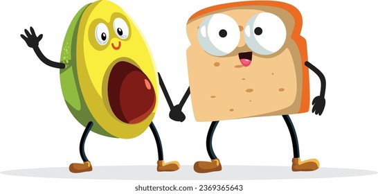 
Happy Cheerful Avocado and Toast Characters being Friends Vector Cartoon. Funny illustration or super foods joining in for a healthy diet 
