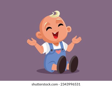 
Happy Cheerful Baby Sitting on the Floor Vector Cartoon illustration. Little kid celebrating her first tooth laughing hard
