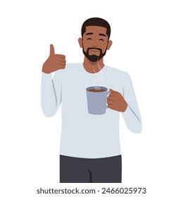 Happy cheerful black man with cup of tea gesturing like. Flat vector illustration isolated on white background