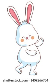 Happy and cheerful blushing white bunny walking and waving hello vector illustration graphic design