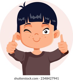 
Happy Cheerful boy Asian ethnicity Showing ok sign vector cartoon. Joyful kid feeling positive and excited endorsing and recommending  
