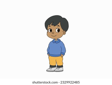 Happy and cheerful boy with hands in pockets on white background.