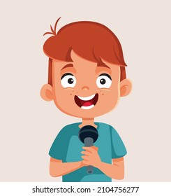 

Happy Cheerful Boy Holding a Microphone Vector Cartoon. Little child performing for live audience in kindergarten show 
