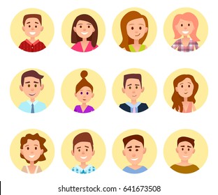 Happy and cheerful boys and girls portraits in round yellow circles isolated on white background. Cartoon kids vector illustrations set.