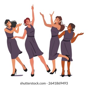 Happy cheerful bridesmaids girl friends characters wearing festive dresses isolated on white background. Marriage party celebration vector illustration. Female beauty, friendship and wedding tradition