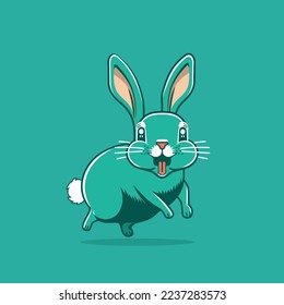Happy cheerful bunny jumps. Funny running hare flat logo design. Vector illustration