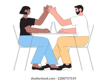 Happy cheerful business team, colleagues characters, employees, rejoicing success, achievement, victory, progress at work together. Good successful teamwork concept for web banner, mobile application.
