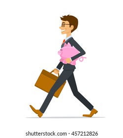 Happy cheerful businessman carries piggy bank vector illustration. save collect invest money concept. Isolated vector illustration