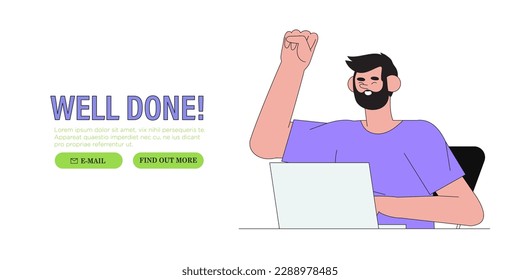 Happy cheerful businessman, manager, employee, celebrate success, achievement, victory, progress at work . Successful project accomplishment or deal concept for web banner, mobile application.