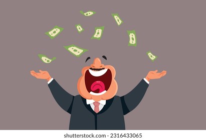 
Happy Cheerful Businessman Throwing with Money Showing Wealth Vector Cartoon. Corrupt man gaining a lot of profit out of embezzlement and illegal activities
