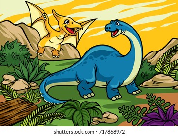 happy cheerful cartoon of brontosaurus and pterodactyl