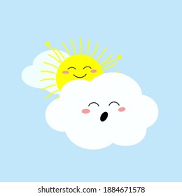 Happy cheerful cartoon sun stretching and funny sleepy cloud yawning. Vector flat illustration 