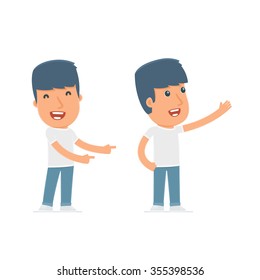 Happy and Cheerful Character Activist making presentation using his hand. for use in presentations, etc.