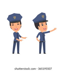 Happy and Cheerful Character Constabulary making presentation using his hand. for use in presentations, etc.