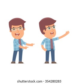 Happy and Cheerful Character Freelancer making presentation using his hand. for use in presentations, etc.