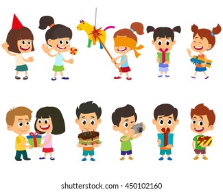 happy cheerful children having fun at a birthday party. isolated on white background. Vector illustration.