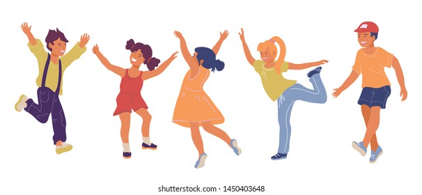 Happy cheerful  children jumping, dancing  and having fun together at school or kindergarten flat vector illustration isolated on white. Leisure and education background with little kids characters.