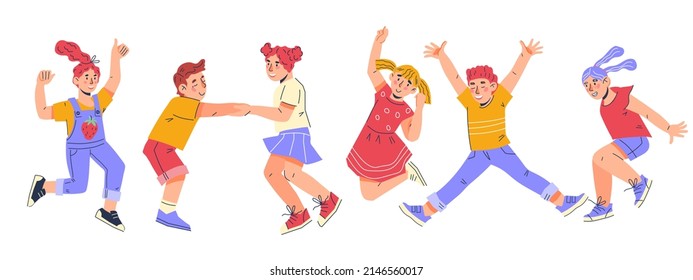 Happy cheerful children jumping for joy. Kids boys and girls laughing and jumping, flat cartoon vector Illustration isolated on white background.