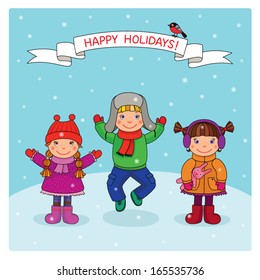 Happy, cheerful children, two girls and a bouncing boy, a frame for the text with a wish - Happy Holidays. Cartoon postcard