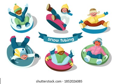 Happy cheerful children in winter outerwear sliding down on snow tubes. Cartoon vector illustration isolated on white background