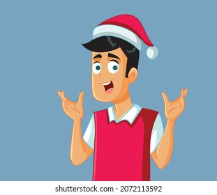 Happy Cheerful Christmas Man Wearing Santa Hat Vector Cartoon. Successful adult person celebrating winter holidays feeling enthusiastic and carefree
