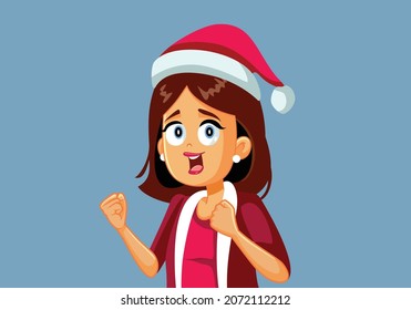 Happy Cheerful Christmas Woman Wearing Santa Hat Vector Cartoon. Successful adult person celebrating winter holidays feeling enthusiastic and carefree
