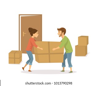 happy cheerful couple man and woman moving in together in a new house, carry boxes