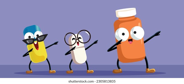 
Happy Cheerful Dabbing Pills Vector Cartoon illustration. Cheerful medication mascots feeling food of energy dancing 
