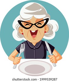 Happy Cheerful Elderly Woman Ready to Eat. Smiling grandma having a big appetite waiting for food in a restaurant 
