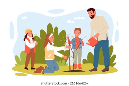 Feliz y alegre familia plantando un árbol joven. Tiempo de trabajo de jardinería, actividades al aire libre, agricultura con amor y placer, jardín de la casa de pueblo, momentos de ocio juntos ilustración vectorial