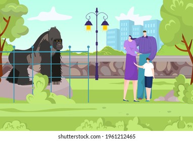 Happy cheerful family spending time in zoo, character father mother and son observe gorilla monkey animal flat vector illustration.