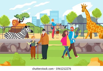 Happy cheerful family time spending in zoo, people character observe wild tropical zebra, giraffe and lion animal flat vector illustration.