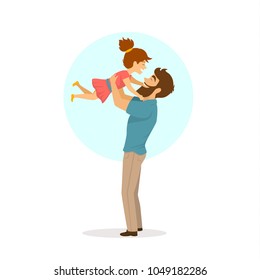 happy cheerful father and daughter playing around, dad lifting up his girl in the air, isolated cute fun cartoon vector illustration scene