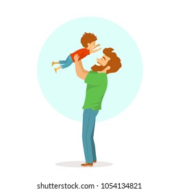 happy cheerful father and son playing, dad lifting up his bol in the air, isolated cute cartoon vector illustration, fathers day scene