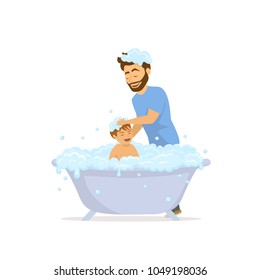 happy cheerful father washing  bathing child in a bathtub with foam bubbles cute fun isolated vector illustration scene